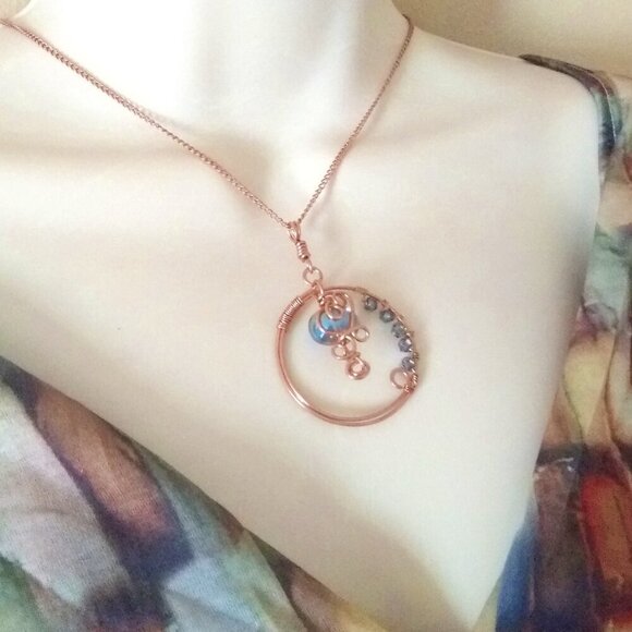 Handmade! Embellished Copper Circle Elemental Pendant + Chain! Flirty & Feminine - Picture 2 of 10